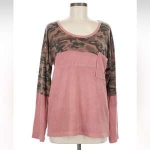 New: POL Mixed Media Knit Cotton Pink Camo Pocket Long Sleeve Top• Medium